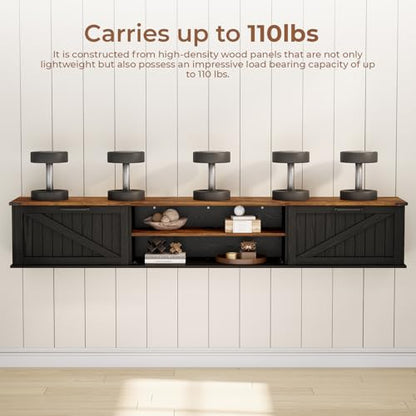 70" Farmhouse Floating TV Stand with Filp Doors for TVs up to 90", Black, view 7