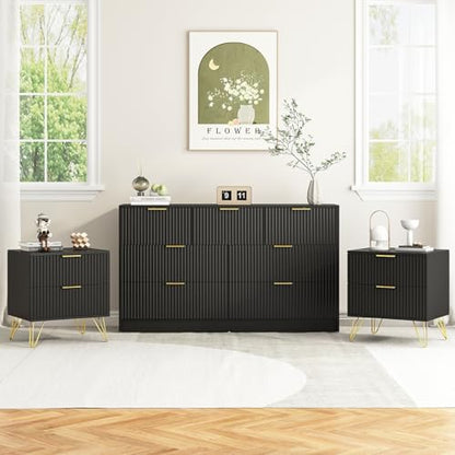 7 Drawer Dresser and Nightstand Sets for Bedroom, 3 Pcs Bedroom Set，Night Stand Set of 2 & 7 Drawer Dresser with Gold Handles, Modern Wood Chest of Drawers Storage Cabinet Set, Black