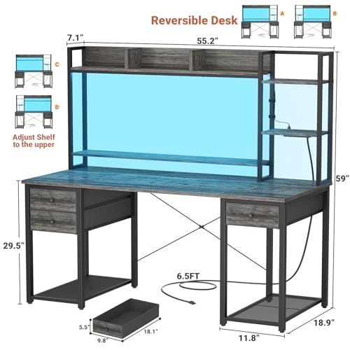 Desk with LED and Outlets, Gaming Desks with Hutch, 55.2'' Computer Desk with Drawers, Reversible Office Desk with Storage Bookshelf Large Workstation with Shelf, Desk for Home, Black Oak
