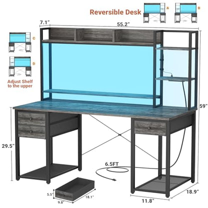 Desk with LED and Outlets, Gaming Desks with Hutch, 55.2'' Computer Desk with Drawers, Reversible Office Desk with Storage Bookshelf Large Workstation with Shelf, Desk for Home, Black Oak