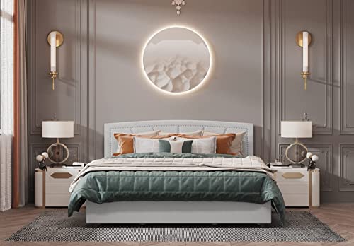 Storage Bed Frame Upholstered Low Profile Traditional Platform with Tufted and Nail Headboard/No Box Spring Needed/4 Pull Out Drawers/Light Grey Linen Fabric (Full Size)