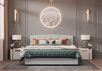 Storage Bed Frame Upholstered Low Profile Traditional Platform with Tufted and Nail Headboard/No Box Spring Needed/4 Pull Out Drawers/Light Grey Linen Fabric (Full Size)