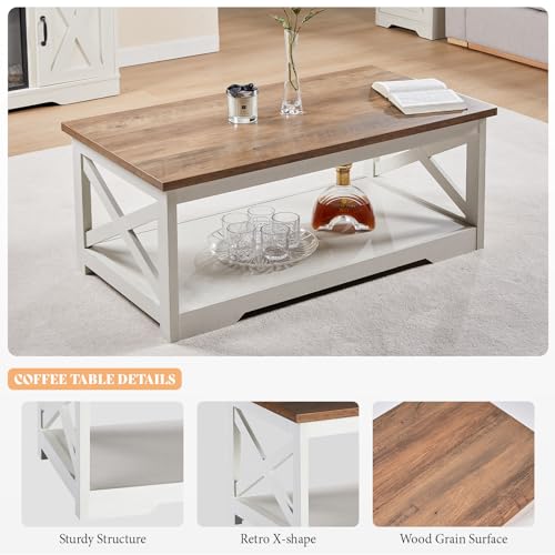 5-Piece Farmhouse Table Set Include 63" TV Stand with 26" Fireplace, 40" Coffee Table, 2 End Tables with Charging Station & USB Ports, Living Room Table Sets with Barn Door, Rustic Oak&White
