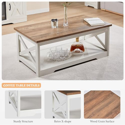 5-Piece Farmhouse Table Set Include 63" TV Stand with 26" Fireplace, 40" Coffee Table, 2 End Tables with Charging Station & USB Ports, Living Room Table Sets with Barn Door, Rustic Oak&White
