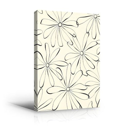 Black Line Daisy Flower Pattern Wall Art Canvas Print, minimal floral line art artwork in black and cream for bedroom, bedroom, office, apartment, modern farmhouse, and(24x36Inch,Gallery Wrapped）