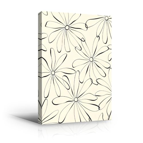 Black Line Daisy Flower Pattern Wall Art Canvas Print, view 2