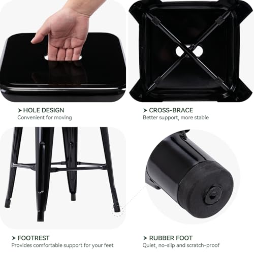 24 Inch Metal Bar Stools, Backless Counter Height Barstools, Indoor Outdoor Stackable Stools with Square Seat, Set of 4 (Black)