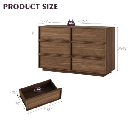 6-Drawer Dresser for Bedroom, 47.2" Wide, Wooden, Light Walnut, view 3
