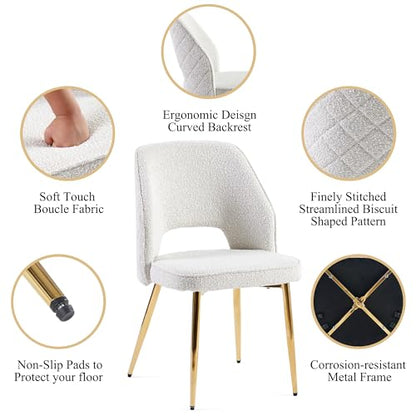 Modern Dining Chair Set of 4, Beige Boucle Accent Chairs with Golden Metal Legs, Upholstered Back Side Chairs for Kitchen Living Room Bedroom