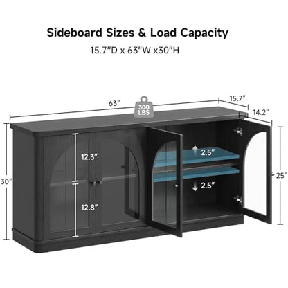 63 Inch Sideboard Buffet Cabinet with Glass Doors and 4 Doors Black, view 3