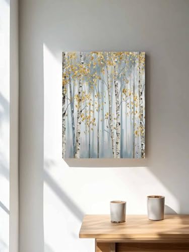 NuYeBiofx Forest Yellow Leaf Gray Tree Canvas Wall Art Prints,30"x20" Framed Picture Artwork Fall Botanical Trees Printed Canvas Oil Painting for Living Room Bedroom Office,Ready to Hang