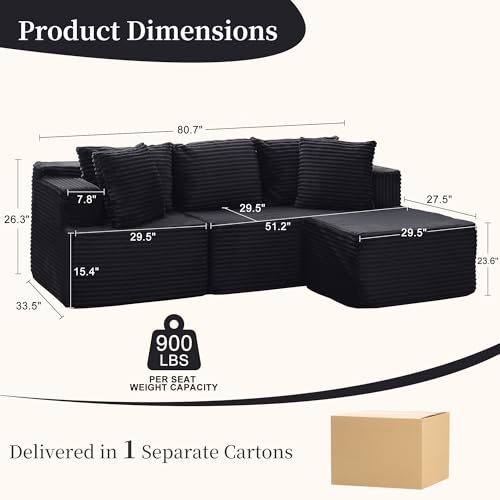 Cloud Modular Sectional Sofa with L-Shaped, Boneless Couches for Living Room, Fluffy Comfy Corduroy Deep Seat with Ottoman, Bedroom, Apartment, No Assembly Required