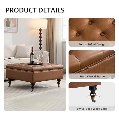 Large Square Storage Ottoman Uphlostered Tufted Button Coffee Table, Oversized Footrest Bench with Castered Rolling Wheels for Living Room, Brown Faux Leather
