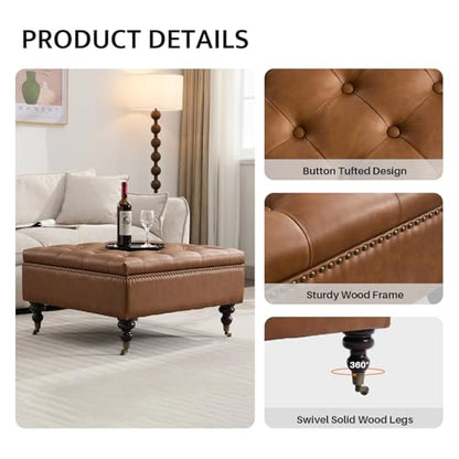 Large Square Storage Ottoman Uphlostered Tufted Button Coffee Table, Oversized Footrest Bench with Castered Rolling Wheels for Living Room, Brown Faux Leather