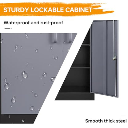 STANI Metal Storage Cabinet with 2 Adjustable Shelves Steel Counter Cabinet with Lockable Doors for Home Office