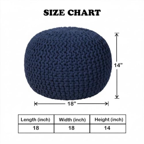 Hand Knitted Upholstered Pouf Cotton Braid Cord Cable Ottoman - Foot Stool - Accent Seat Furniture Bean Bag 18x18x14 Inches - Blue (Navy)