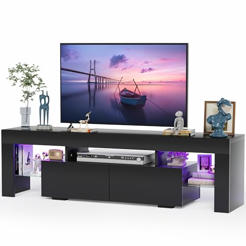 TV Stand, Modern Lighting TV Cabinet Entertainment Center Media and Open Shelf, TV Console Table with 1 Drawer and Remote Control, 20 Color LED Lights up to 70 Inch TV (Black)