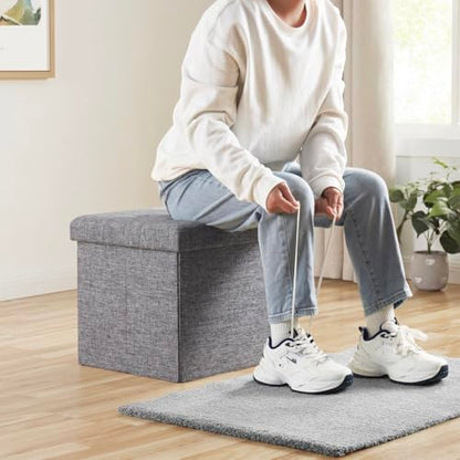 Folding Storage Ottoman, 15 Inch Storage Cube with Lid, Foot Rest Stool for Bedroom, Living Room, Entryway, Tufted Linen Upholstered - Gray