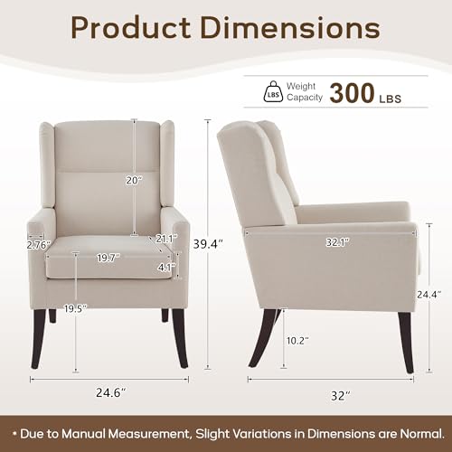 High Back Living Room Chairs, Fabric Accent Chair, Comfy Upholstered Armchair with Wooden Legs for Living Room, Bedroom, Apartment (1, Beige)