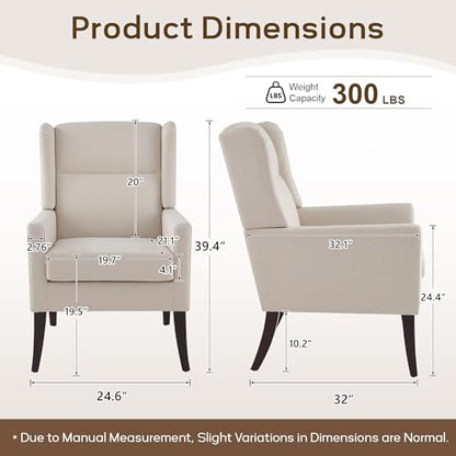 High Back Living Room Chairs, Fabric Accent Chair, Comfy Upholstered Armchair with Wooden Legs for Living Room, Bedroom, Apartment (1, Beige)