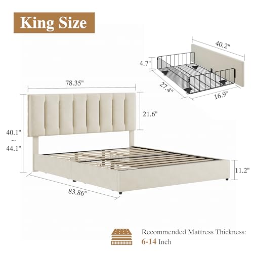 King Size Bed Frame with 4 Storage Drawers, Adjustable Height Headboard, view 3