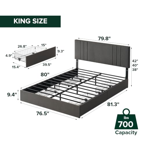 Zinus Billie Platform Bed Frame, Four Underbed Storage Drawers, King, view 3