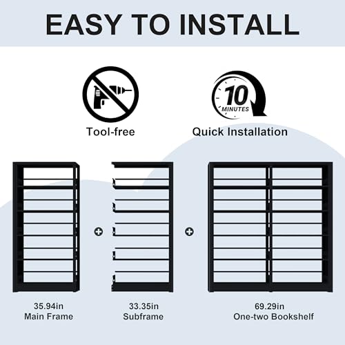 5-Tier Expandable Metal Bookshelf, 69" H x 36" W Heavy Duty Black Bookcase, Adjustable Storage Shelves, 280lbs Per Layer Capacity for Living Room Office Bedroom