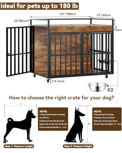 Heavy Duty Large Dog Crate Furniture with 360° Rotatable Bowls & Wheels, view 6