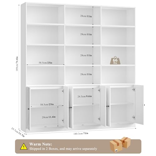 75" Triple Wide Bookshelf, White Bookshelf and Bookcase with 6 Farmhouse Doors, 71" Wide 6 Tier Book Shelf with 18 Storage Shelves, Large Wooden Bookshelves, Tall Bookcase for Office, White
