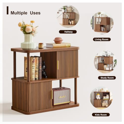 2-Tier Walnut Bookshelf 4-Cube Display Bookcase with Sliding Doors, view 5