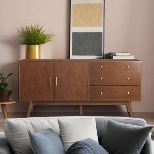 Mid-Century Modern Wood Kitchen Buffet Sideboard Entryway Serving Storage Cabinet Doors Dining Room Console, 70 Inch, Walnut