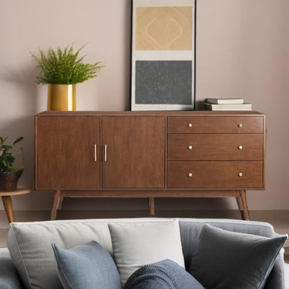 Mid-Century Modern Wood Kitchen Buffet Sideboard Entryway Serving Storage Cabinet Doors Dining Room Console, 70 Inch, Walnut