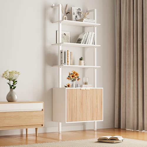 74" Tall Bookshelf with Storage Cabinet, Modern Ladder Shelf with Wood and Metal Frame, Wall Mount Bookcase Open Display Shelf Furniture for Living Room, Bedroom, Home Office, White and Oak