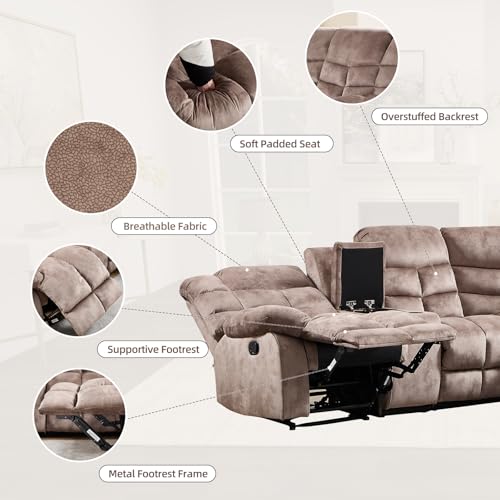 Manual Reclining Sectional Sofa Set for Living Room, Soft Fabric Recliner Corner Sectional Couch with Center Console, Cup Holder and Storage, Brown