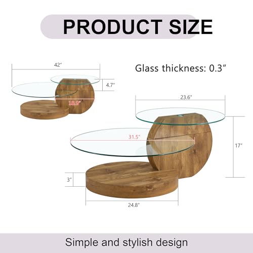 Glass Coffee Table, Modern Round Glass Coffee Table with Wooden Base, 3 Tier Round Coffee Table, Clear Cocktail Table with Storage for Living Room, Office, Balcony (42″ Wood)