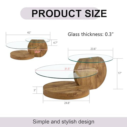 Glass Coffee Table, Modern Round Glass Coffee Table with Wooden Base, 3 Tier Round Coffee Table, Clear Cocktail Table with Storage for Living Room, Office, Balcony (42″ Wood)