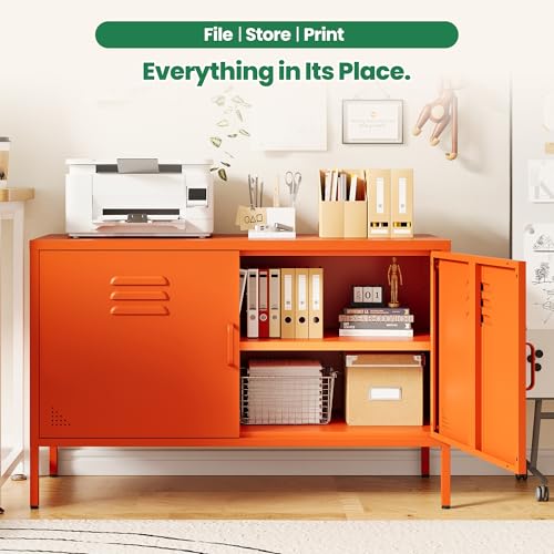 Orange Metal Storage Cabinet with 2 Doors and Adjustable Shelves, view 4