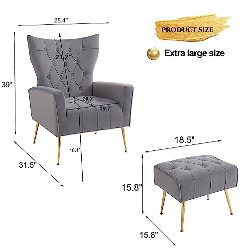 Accent Chair with Ottoman, Comfy Wingback Chair and Ottoman Set, Upholstered Tufted Lounge Armchair with Footrest and High Back, Reading Chair for Bedroom Living Room, Grey, Velvet