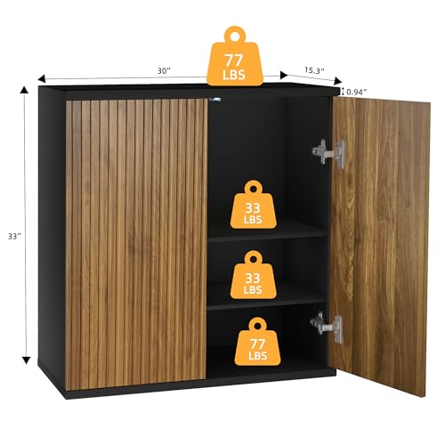 Buffet Cabinet with Storage Walnut Fluted Wooden Accent Sideboard with Pop-Up, view 3