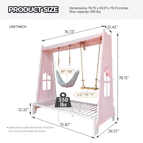 Twin Metal House Bed with Tent, Swing & Hammock, Pink Canopy Bed for Girls, view 3
