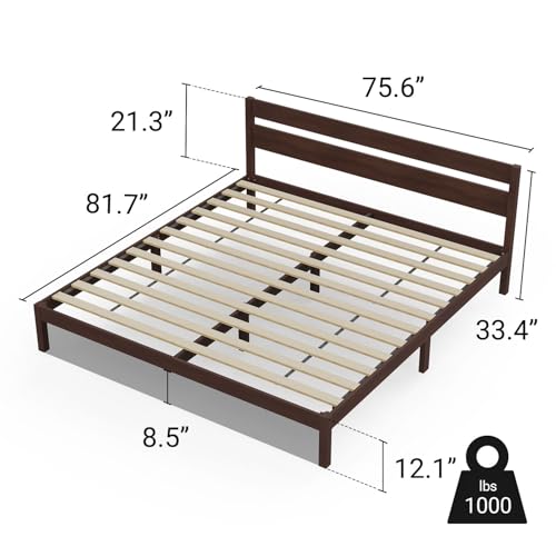 King Bed Frame with Headboard Classic Wood Platform, Noise Free, view 3