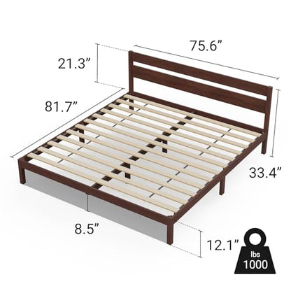 King Bed Frame with Headboard Classic Wood Platform, Noise Free, view 3