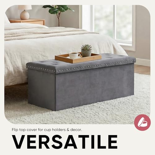 43 in Velvet Storage Ottoman Bench, Foldable Padded Ottoman with Hidden Storage for Bedroom Living Room Entryway, 140L Capacity