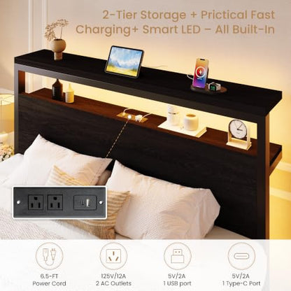 Queen LED Bed Frame, 2 Storage Drawers, Charging Station, Black, view 5