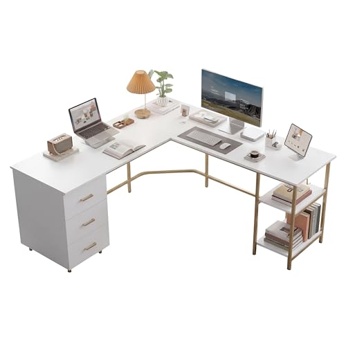 59" Two-Tone L‑Shaped Office Desk with Storage Shelves, Gold, view 2