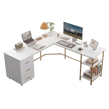 59" Two-Tone L‑Shaped Office Desk with Storage Shelves, Gold, view 2