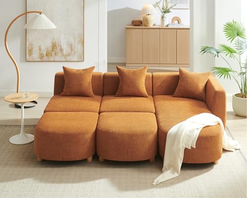 109.84" Modular Sectional Sofa with 3 Pillows, Convertible 5-Seater Comfy Boucle Cloud Couch with Ottoman, Modern Sectional Sofas for Living Room, Office, Apartment (Curry)
