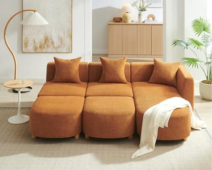 109.84" Modular Sectional Sofa with 3 Pillows, Convertible 5-Seater Comfy Boucle Cloud Couch with Ottoman, Modern Sectional Sofas for Living Room, Office, Apartment (Curry)