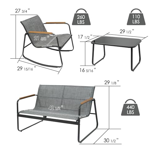 4-Piece Outdoor Patio Furniture Set with Textilene Chairs, Metal Conversation Set, Tempered Glass Coffee Table, Powder-Coated Steel Frame for Garden, Poolside, Backyard Gray