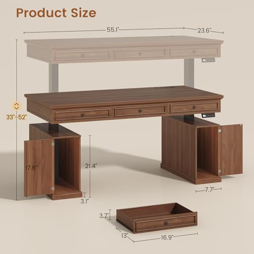 55.1" Farmhouse Executive Electric Standing Desk with 3 Drawers, view 3